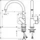 Hansgrohe Spültischmischer mit einem hohen, gebogenen Auslauf und seitlicher Bedienung. Technische Zeichnung zeigt Maßen und Anschlussdetails.